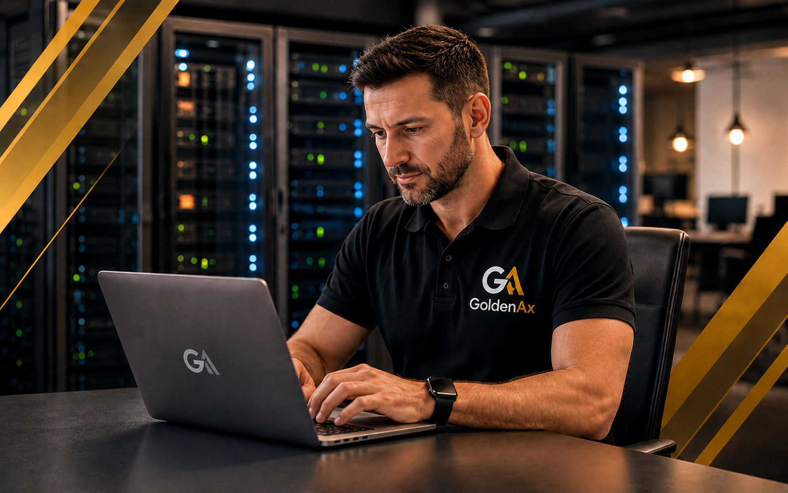 Profissional da GoldenAx trabalhando em um notebook diante de servidores